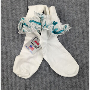 Vintage Lace Ruffle Socks Womens 9-11 Nylon Coquette White Teal Frilly Retro 60s
